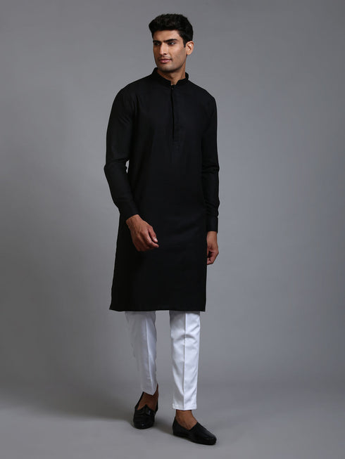 Vastramay Men's Black Cotton Blend Kurta and White Pant Set